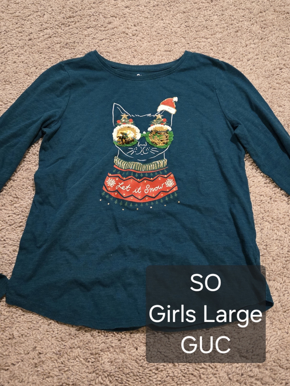 SO Girls Teal Long-Sleeve Cat Sequin Holiday Tee